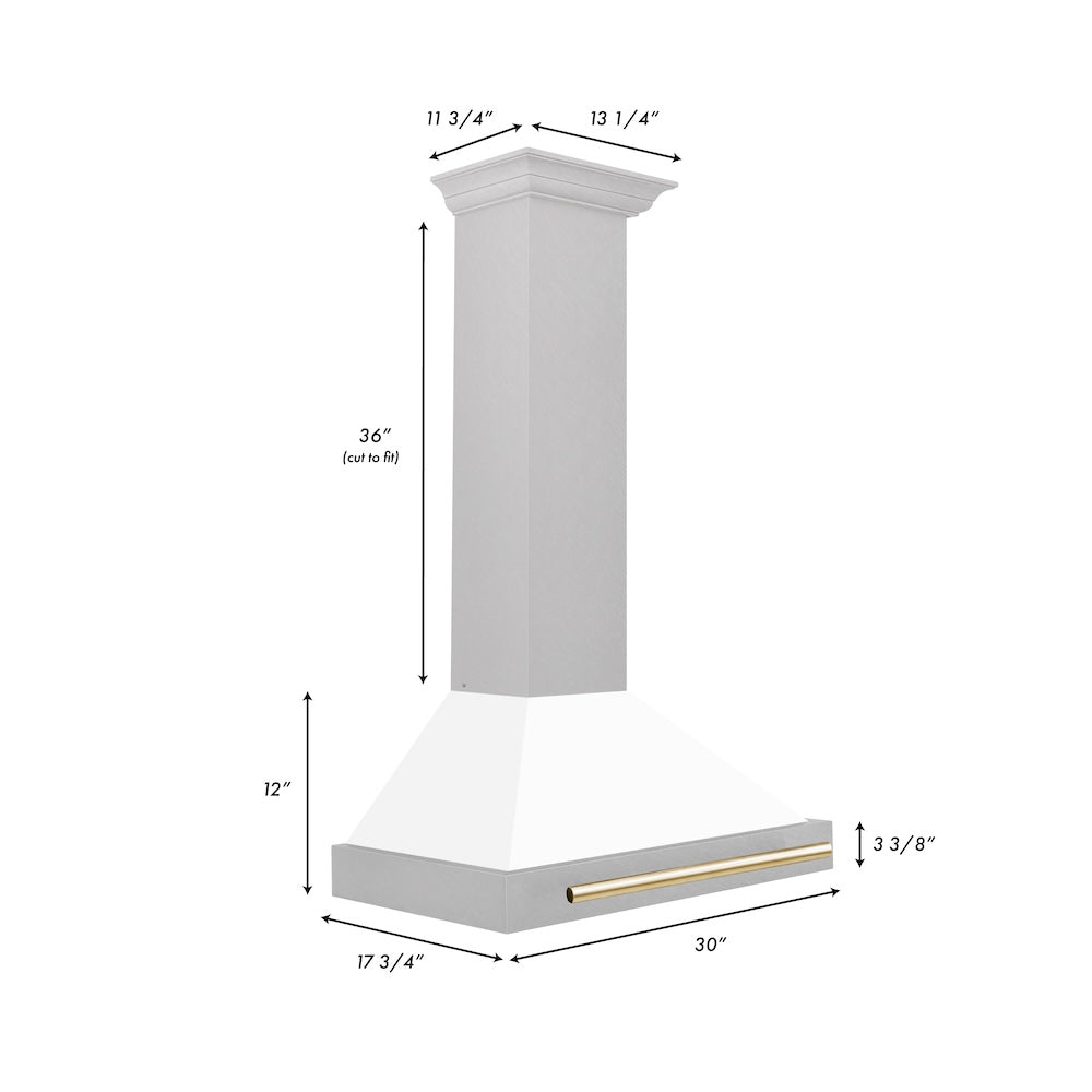 ZLINE 30 in. Autograph Edition Convertible Fingerprint Resistant DuraSnow® Stainless Steel Range Hood with White Matte Shell and Polished Gold Handle (KB4SNZ-WM30-G)