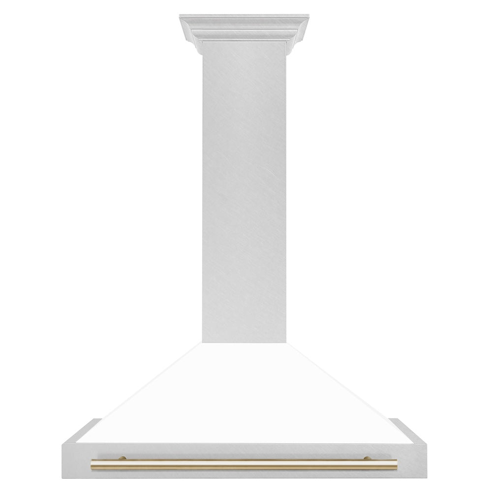 ZLINE 36 in. Autograph Edition Convertible Fingerprint Resistant DuraSnow® Stainless Steel Range Hood with White Matte Shell and Polished Gold Handle (KB4SNZ-WM36-G)