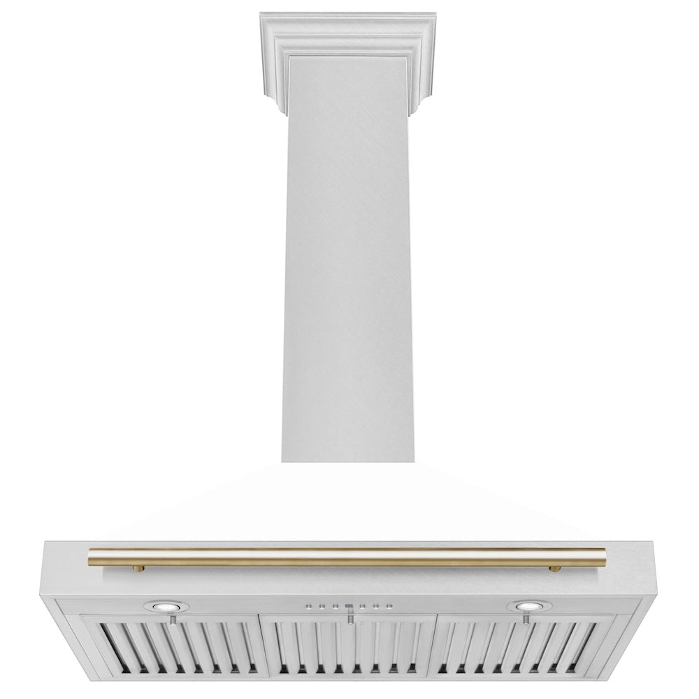 ZLINE 36 in. Autograph Edition Convertible Fingerprint Resistant DuraSnow® Stainless Steel Range Hood with White Matte Shell and Polished Gold Handle (KB4SNZ-WM36-G)