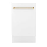 ZLINE Autograph Edition 18” Tallac Series 3rd Rack Top Control Built-In Dishwasher in White Matte with Polished Gold Handle, 51dBa (DWVZ-WM-18-G)