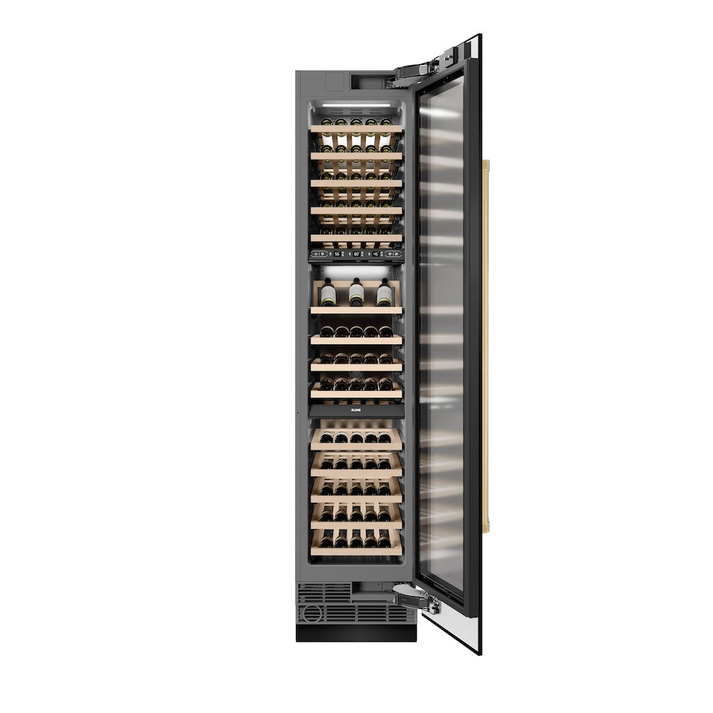 ZLINE Autograph Edition 18 in. 9.0 cu. ft. Triple Zone 68 Bottle Right Hinge Column Wine Cooler in Black Stainless Steel with Polished Gold Accents (RCWVRZ-BS-18-G)