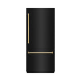 ZLINE Autograph Edition 36 in. 19.8 cu. ft. Built-In Bottom Freezer Refrigerator with Water Dispenser and Ice Maker in Black Stainless Steel with Graphite Gray Interior and Polished Gold Accents (GRBITZ-BS-36-G)