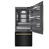 ZLINE Autograph Edition 36 in. 19.8 cu. ft. Built-In Bottom Freezer Refrigerator with Water Dispenser and Ice Maker in Black Stainless Steel with Graphite Gray Interior and Polished Gold Accents (GRBITZ-BS-36-G)