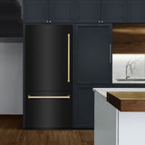 ZLINE Autograph Edition 36 in. 19.8 cu. ft. Built-In Bottom Freezer Refrigerator with Water Dispenser and Ice Maker in Black Stainless Steel with Graphite Gray Interior and Polished Gold Accents (GRBITZ-BS-36-G)