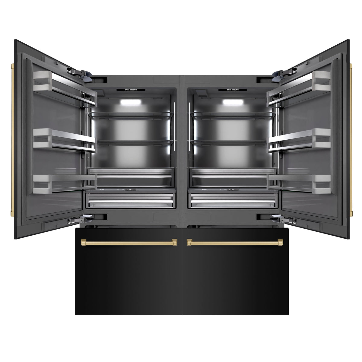 ZLINE Autograph Edition 72 in. 39.6 cu. ft. French Door Built-In Bottom Freezer Refrigerator with Water Dispensers and Ice Makers in Black Stainless Steel with Graphite Gray Interior and Champagne Bronze Accents (GRBITZ-BS-72-CB)