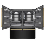 ZLINE Autograph Edition 72 in. 39.6 cu. ft. French Door Built-In Bottom Freezer Refrigerator with Water Dispensers and Ice Makers in Black Stainless Steel with Graphite Gray Interior and Polished Gold Accents (GRBITZ-BS-72-G)
