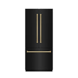 ZLINE Autograph Edition 36 in. 19.6 cu. ft. French Door Built-In Bottom Freezer Refrigerator with Water Dispenser and Ice Maker in Black Stainless Steel with Graphite Gray Interior and Polished Gold Accents (GRBIVZ-BS-36-G)