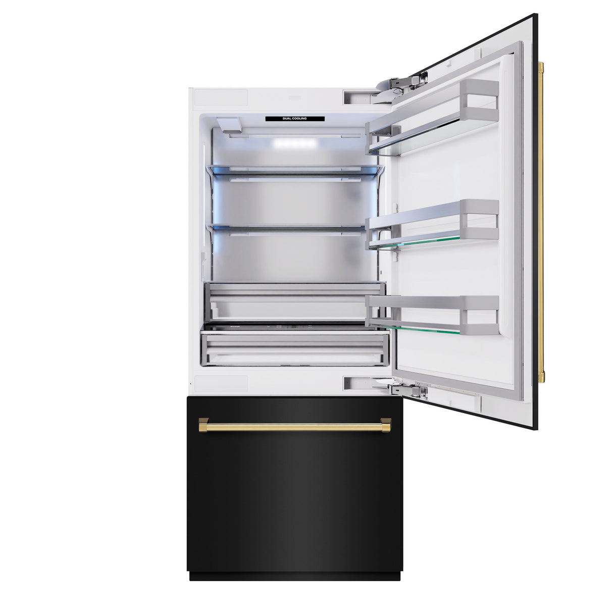 ZLINE Autograph Edition 36 in. 19.8 cu. ft. Built-In Bottom Freezer Refrigerator with Water Dispenser and Ice Maker in Black Stainless Steel and Polished Gold Accents (RBITZ-BS-36-G)