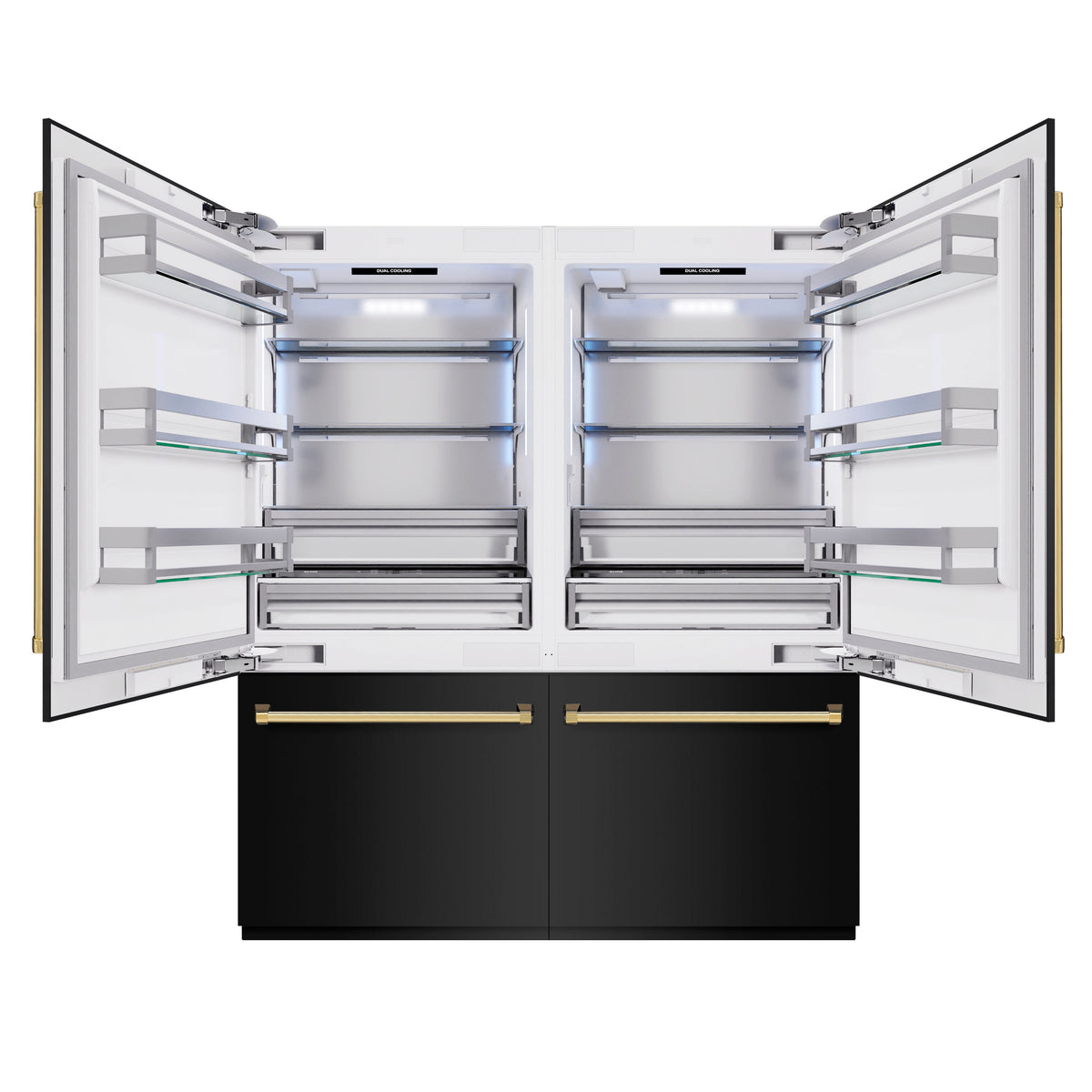 ZLINE Autograph Edition 72 in. 39.6 cu. ft. French Door Built-In Bottom Freezer Refrigerator with Water Dispensers and Ice Makers in Black Stainless Steel and Polished Gold Accents (RBITZ-BS-72-G)
