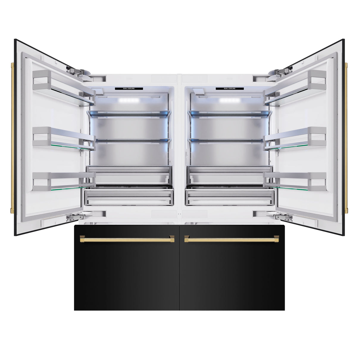 ZLINE Autograph Edition 72 in. 39.6 cu. ft. French Door Built-In Bottom Freezer Refrigerator with Water Dispensers and Ice Makers in Black Stainless Steel and Polished Gold Accents (RBITZ-BS-72-G)
