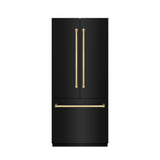 ZLINE Autograph Edition 36 in. 19.6 cu. ft. French Door Built-In Bottom Freezer Refrigerator with Water Dispenser and Ice Maker in Black Stainless Steel with Stainless Steel Interior and Polished Gold Accents (SRBIVZ-BS-36-G)