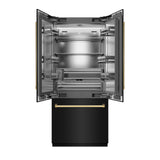 ZLINE Autograph Edition 36 in. 19.6 cu. ft. French Door Built-In Bottom Freezer Refrigerator with Water Dispenser and Ice Maker in Black Stainless Steel with Stainless Steel Interior and Polished Gold Accents (SRBIVZ-BS-36-G)