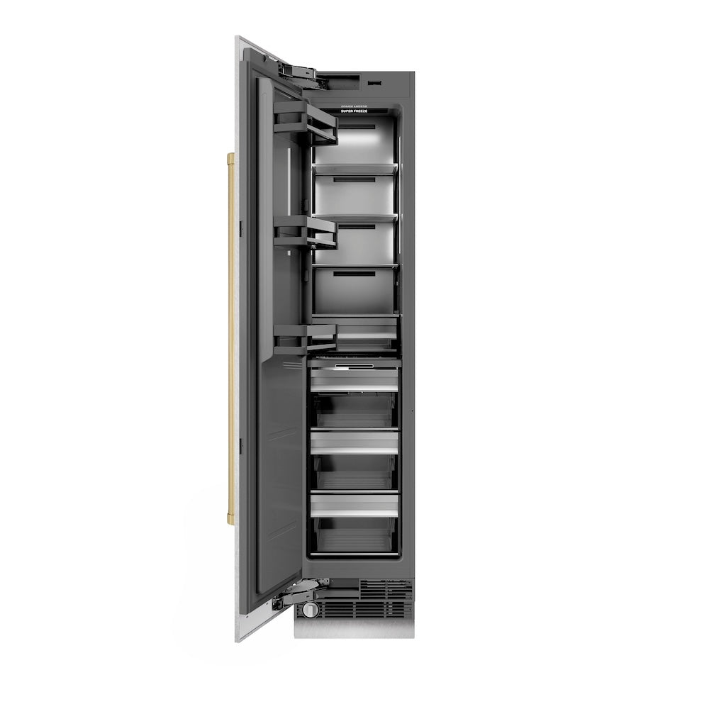 ZLINE Autograph Edition 18 in. 8.6 cu. ft. Left Hinge Column Freezer in Satin Stainless Steel with Graphite Gray Interior and Champagne Bronze Accents (RCFVLZ-SN-18-CB)