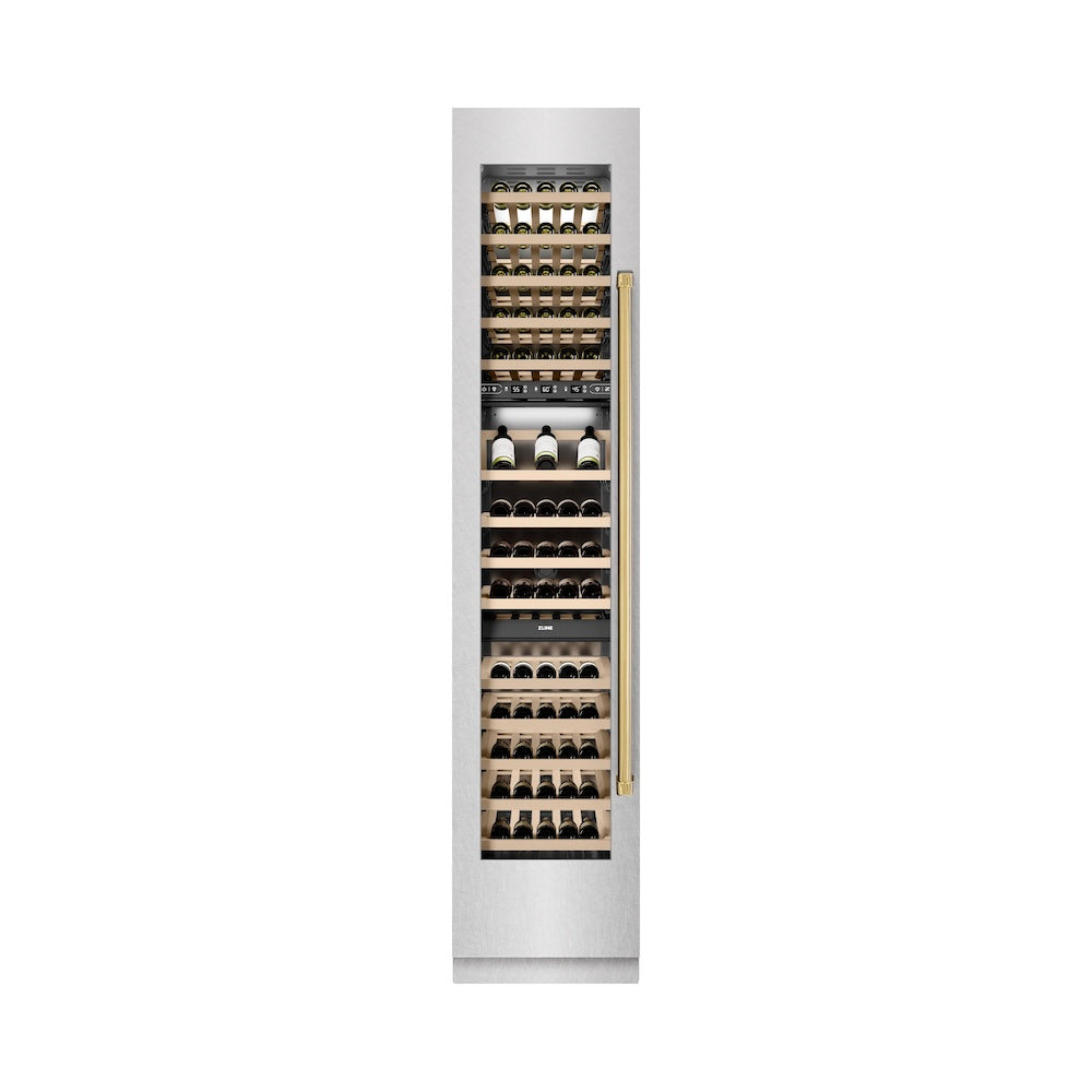 ZLINE Autograph Edition 18 in. 9.0 cu. ft. Triple Zone 68 Bottle Left Hinge Column Wine Cooler in Satin Stainless Steel with Polished Gold Accents (RCWVLZ-SN-18-G)