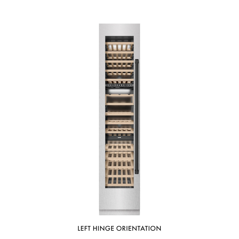 ZLINE Autograph Edition 18 in. 9.0 cu. ft. Triple Zone 68 Bottle Left Hinge Column Wine Cooler in Satin Stainless Steel with Matte Black Accents (RCWVLZ-SN-18-MB)