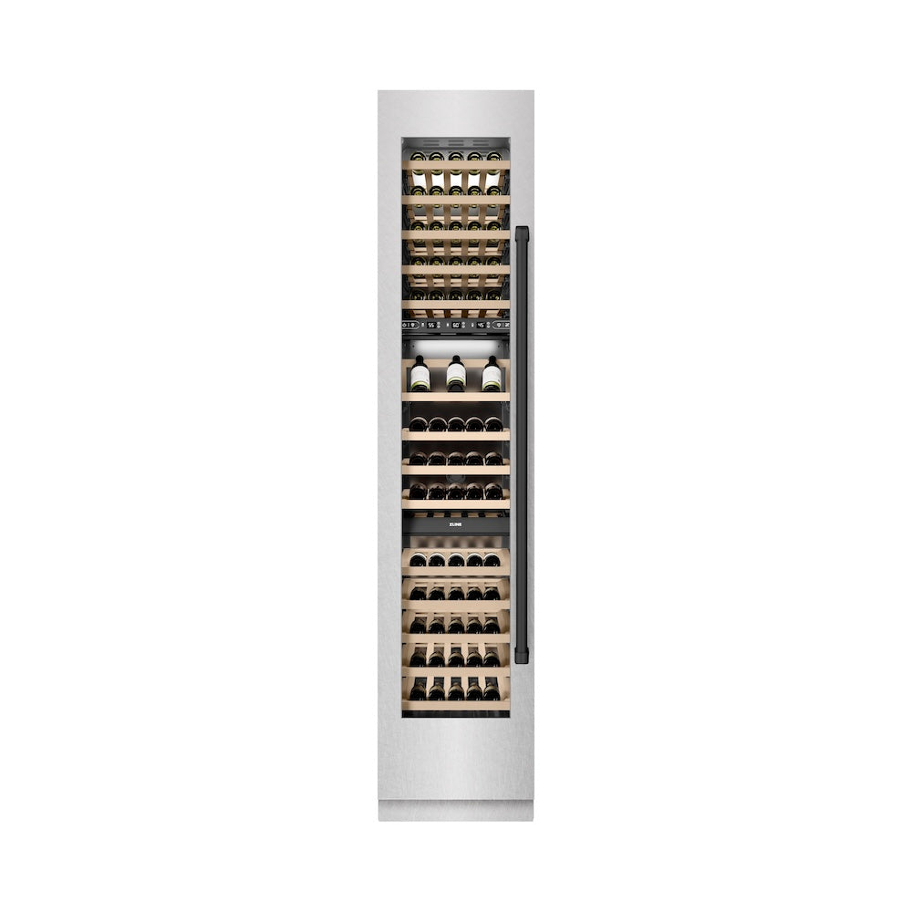 ZLINE Autograph Edition 18 in. 9.0 cu. ft. Triple Zone 68 Bottle Left Hinge Column Wine Cooler in Satin Stainless Steel with Matte Black Accents (RCWVLZ-SN-18-MB)