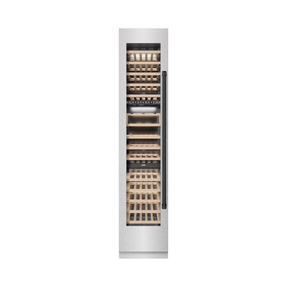 ZLINE Autograph Edition 18 in. 9.0 cu. ft. Triple Zone 68 Bottle Left Hinge Column Wine Cooler in Satin Stainless Steel with Matte Black Accents (RCWVLZ-SN-18-MB)