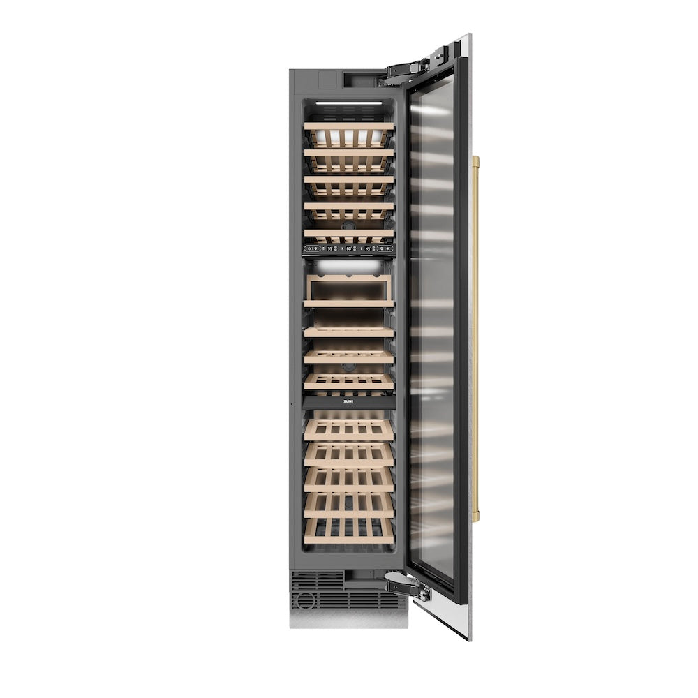 ZLINE Autograph Edition 18 in. 9.0 cu. ft. Triple Zone 68 Bottle Right Hinge Column Wine Cooler in Satin Stainless Steel with Champagne Bronze Accents (RCWVRZ-SN-18-CB)