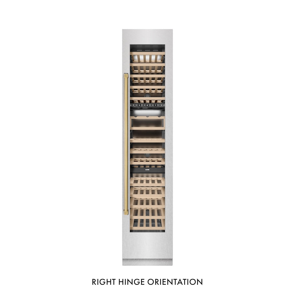 ZLINE Autograph Edition 18 in. 9.0 cu. ft. Triple Zone 68 Bottle Right Hinge Column Wine Cooler in Satin Stainless Steel with Polished Gold Accents (RCWVRZ-SN-18-G)
