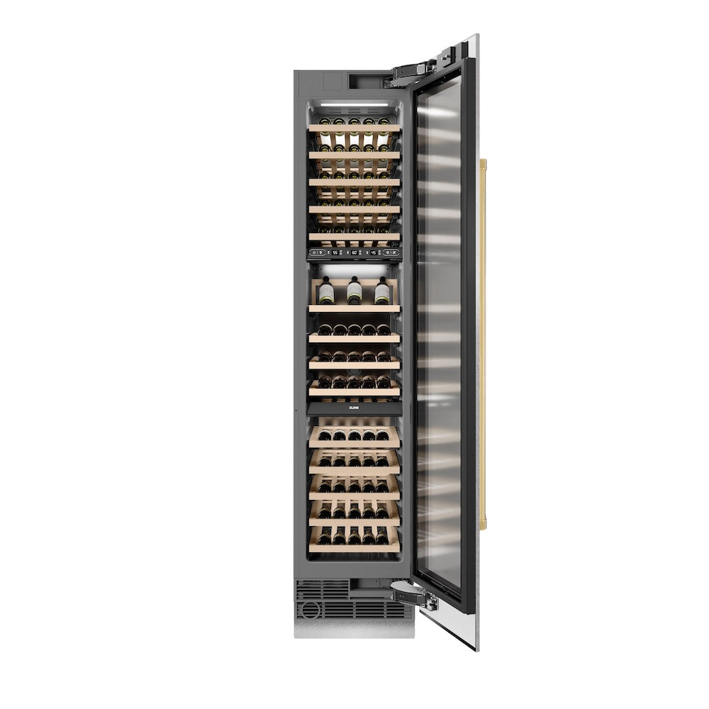 ZLINE Autograph Edition 18 in. 9.0 cu. ft. Triple Zone 68 Bottle Right Hinge Column Wine Cooler in Satin Stainless Steel with Polished Gold Accents (RCWVRZ-SN-18-G)