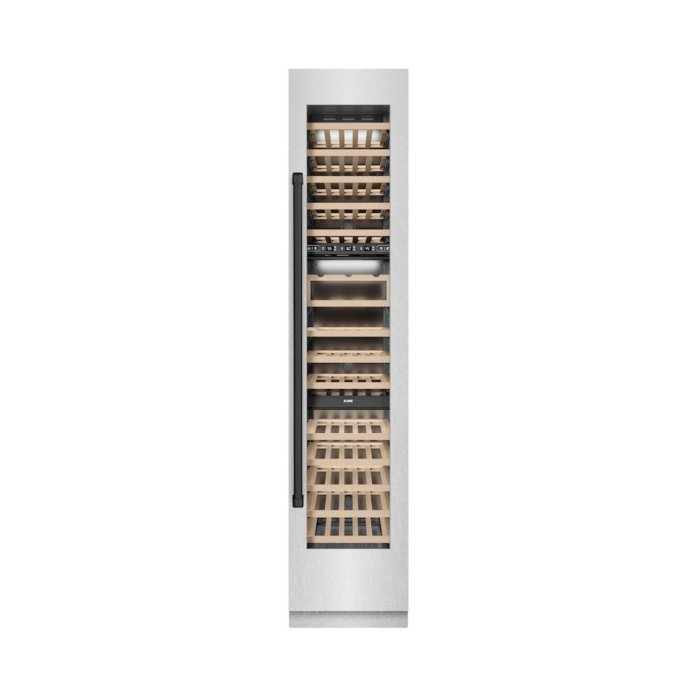 ZLINE Autograph Edition 18 in. 9.0 cu. ft. Triple Zone 68 Bottle Right Hinge Column Wine Cooler in Satin Stainless Steel with Matte Black Accents (RCWVRZ-SN-18-MB)