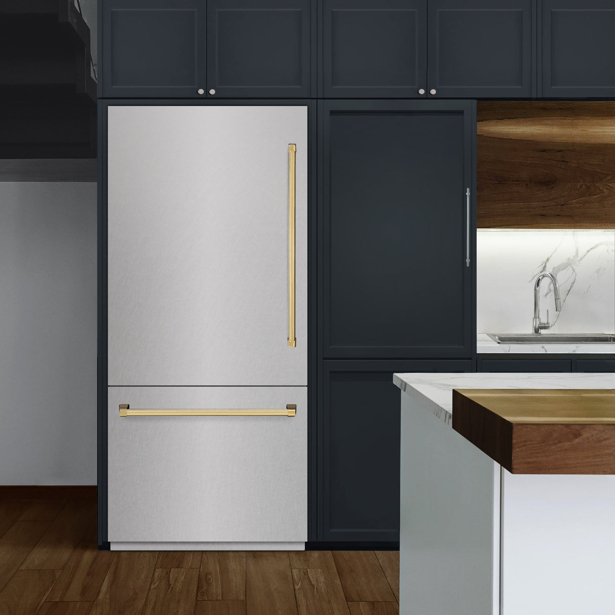 ZLINE Autograph Edition 36 in. 19.8 cu. ft. Built-In Bottom Freezer Refrigerator with Water Dispenser and Ice Maker in Satin Stainless Steel with Graphite Gray Interior and Polished Gold Accents (GRBITZ-SN-36-G)