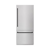 ZLINE Autograph Edition 36 in. 19.8 cu. ft. Built-In Bottom Freezer Refrigerator with Water Dispenser and Ice Maker in Satin Stainless Steel with Graphite Gray Interior and Matte Black Accents (GRBITZ-SN-36-MB)