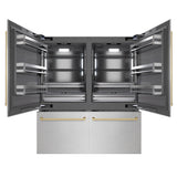 ZLINE Autograph Edition 72 in. 39.6 cu. ft. French Door Built-In Bottom Freezer Refrigerator with Water Dispensers and Ice Makers in Satin Stainless Steel with Graphite Gray Interior and Champagne Bronze Accents (GRBITZ-SN-72-CB)