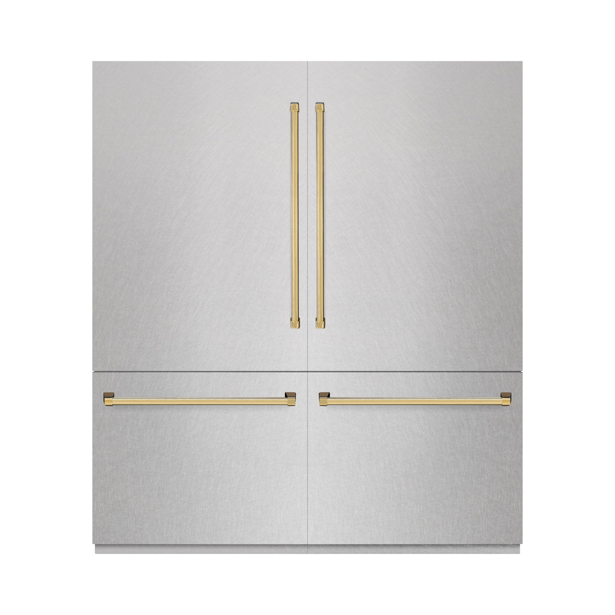 ZLINE Autograph Edition 72 in. 39.6 cu. ft. French Door Built-In Bottom Freezer Refrigerator with Water Dispensers and Ice Makers in Satin Stainless Steel with graphite Gray Interior and Polished Gold Accents (GRBITZ-SN-72-G)