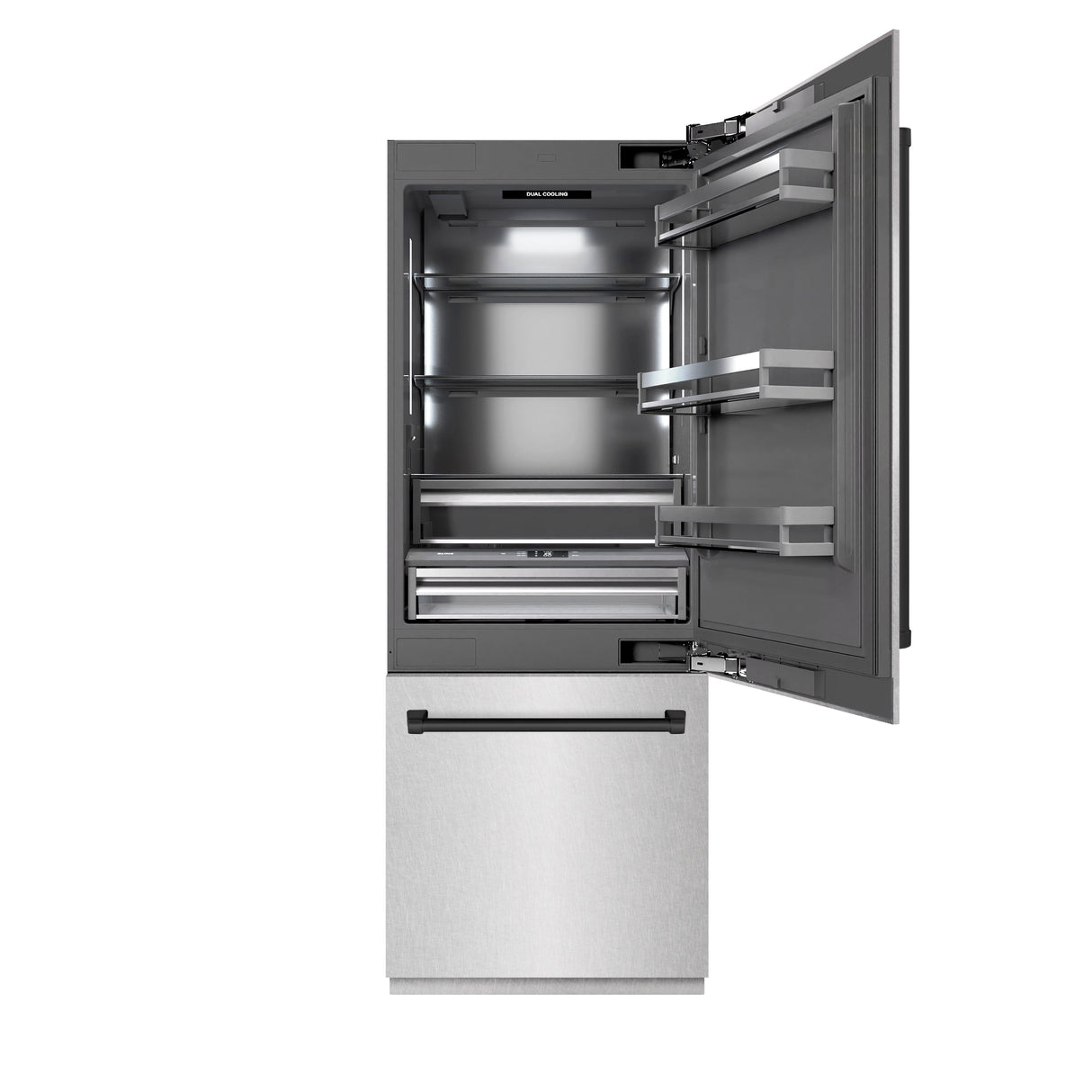 ZLINE Autograph Edition 30 in. 16.1 cu. ft. Built-In Bottom Freezer Refrigerator with Water Dispenser and Ice Maker in Satin Stainless Steel with Graphite Gray Interior and Matte Black Accents (GRBIVZ-SN-30-MB)