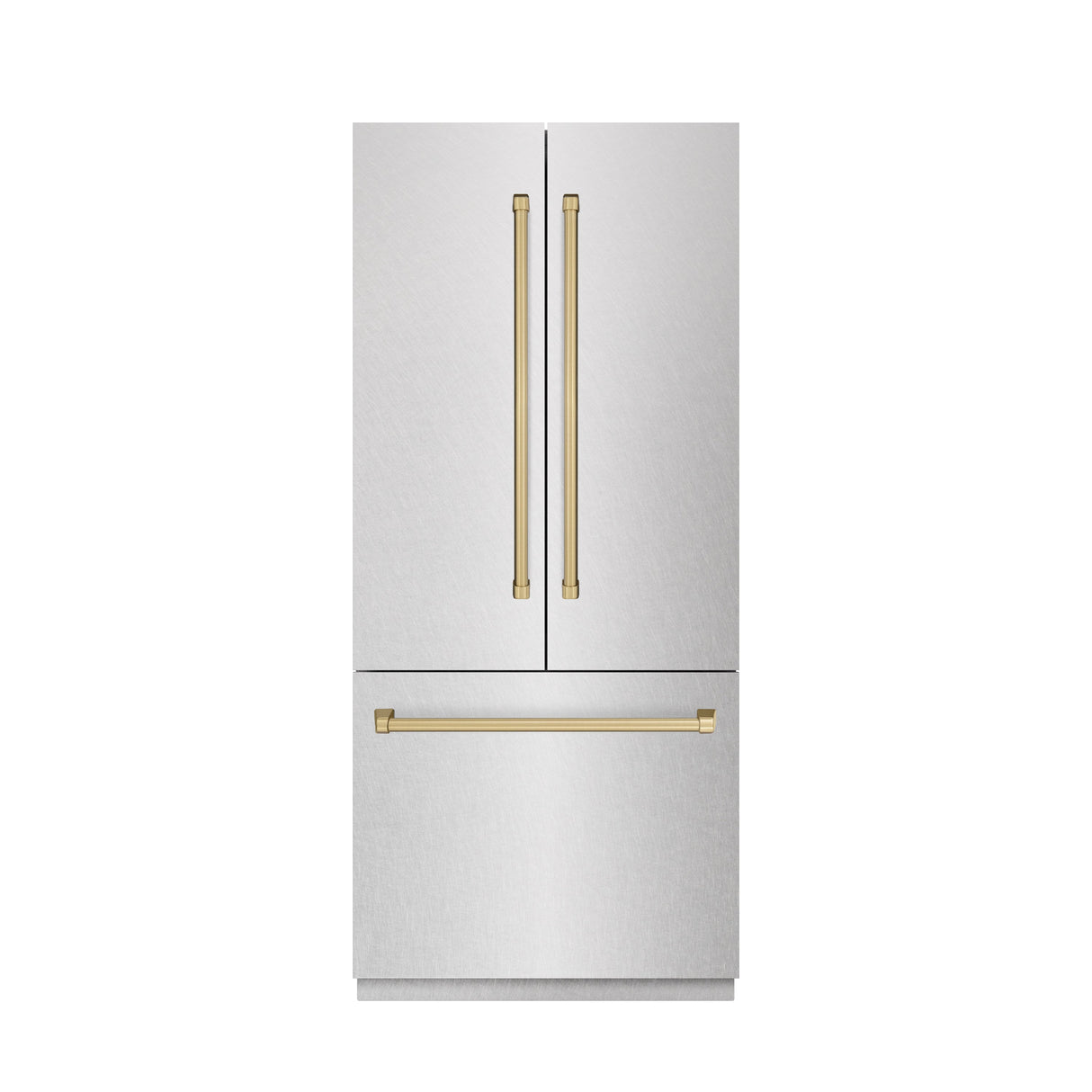 ZLINE Autograph Edition 36 in. 19.6 cu. ft. French Door Built-In Bottom Freezer Refrigerator with Water Dispenser and Ice Maker in Satin Stainless Steel with Graphite Gray Interior and Champagne Bronze Accents (GRBIVZ-SN-36-CB)