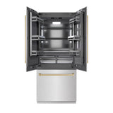 ZLINE Autograph Edition 36 in. 19.6 cu. ft. French Door Built-In Bottom Freezer Refrigerator with Water Dispenser and Ice Maker in Satin Stainless Steel with Graphite Gray Interior and Champagne Bronze Accents (GRBIVZ-SN-36-CB)