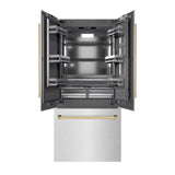 ZLINE Autograph Edition 36 in. 19.6 cu. ft. French Door Built-In Bottom Freezer Refrigerator with Water Dispenser and Ice Maker in Satin Stainless Steel with Graphite Gray Interior and Polished Gold Accents (GRBIVZ-SN-36-G)