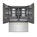 ZLINE Autograph Edition 60 in. 32.2 cu. ft. French Door Built-In Bottom Freezer Refrigerator with Water Dispenser and Ice Maker in Satin Stainless Steel with Graphite Gray Interior and Polished Gold Accents (GRBIVZ-SN-60-G)