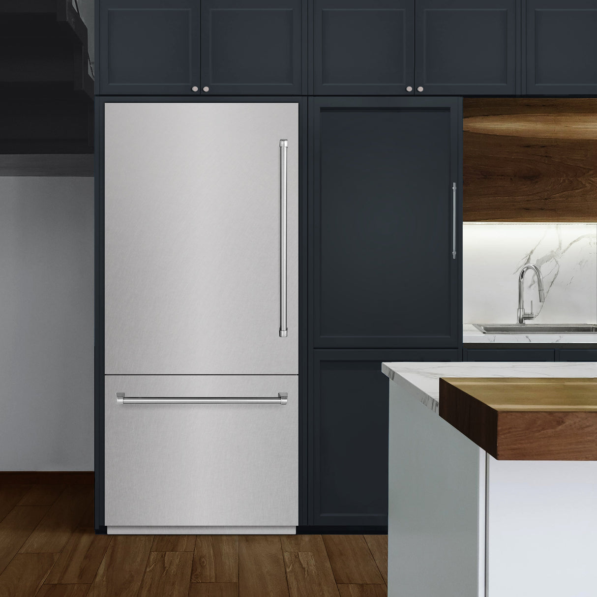 ZLINE 36 in. 19.8 cu. ft. Built-In Bottom Freezer Refrigerator with Water Dispenser and Ice Maker in Satin Stainless Steel (RBIT-SN-36)