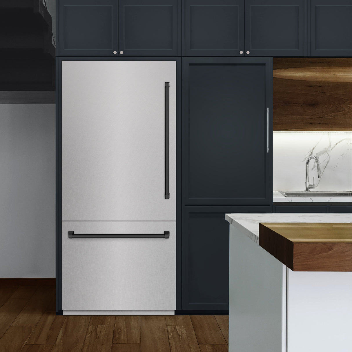 ZLINE Autograph Edition 36 in. 19.8 cu. ft. Built-In Bottom Freezer Refrigerator with Water Dispenser and Ice Maker in Satin Stainless Steel and Matte Black Accents (RBITZ-SN-36-MB)