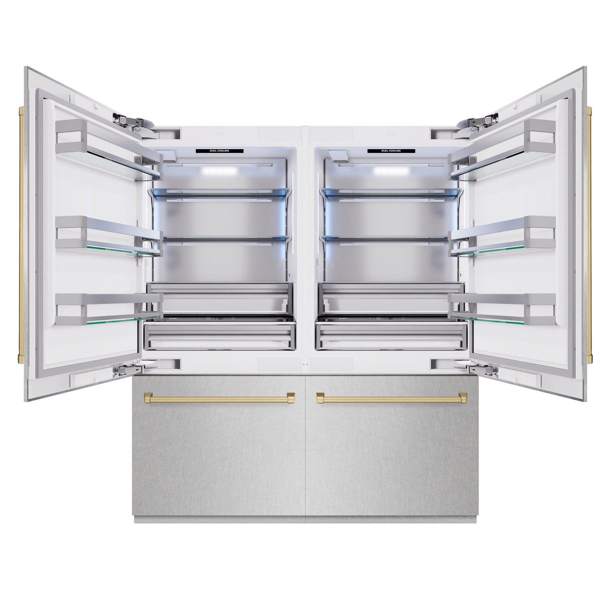 ZLINE Autograph Edition 72 in. 39.6 cu. ft. French Door Built-In Bottom Freezer Refrigerator with Water Dispensers and Ice Makers in Satin Stainless Steel and Champagne Bronze Accents (RBITZ-SN-72-CB)