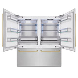 ZLINE Autograph Edition 72 in. 39.6 cu. ft. French Door Built-In Bottom Freezer Refrigerator with Water Dispensers and Ice Makers in Satin Stainless Steel and Champagne Bronze Accents (RBITZ-SN-72-CB)