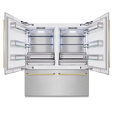 ZLINE Autograph Edition 72 in. 39.6 cu. ft. French Door Built-In Bottom Freezer Refrigerator with Water Dispensers and Ice Makers in Satin Stainless Steel and Polished Gold Accents (RBITZ-SN-72-G)