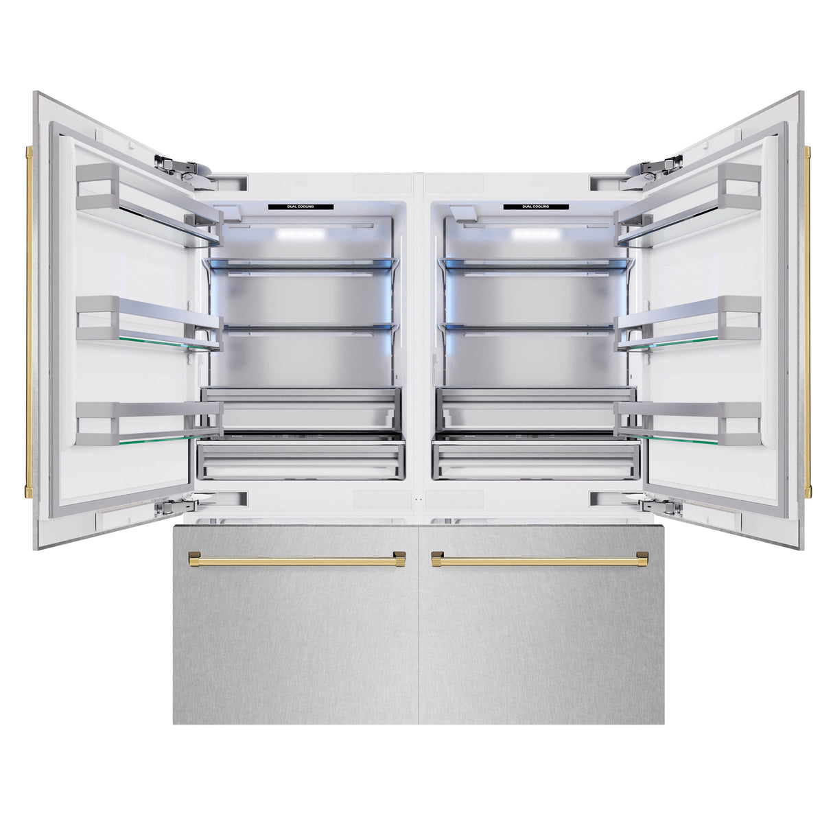 ZLINE Autograph Edition 72 in. 39.6 cu. ft. French Door Built-In Bottom Freezer Refrigerator with Water Dispensers and Ice Makers in Satin Stainless Steel and Polished Gold Accents (RBITZ-SN-72-G)