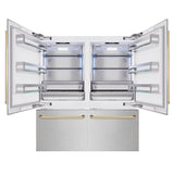 ZLINE Autograph Edition 72 in. 39.6 cu. ft. French Door Built-In Bottom Freezer Refrigerator with Water Dispensers and Ice Makers in Satin Stainless Steel and Polished Gold Accents (RBITZ-SN-72-G)