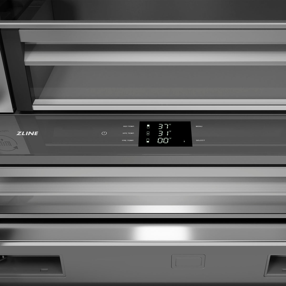 ZLINE Autograph Edition 36 in. 19.6 cu. ft. French Door Built-In Bottom Freezer Refrigerator with Water Dispenser and Ice Maker in Satin Stainless Steel with Stainless Steel Interior and Polished Gold Accents (SRBIVZ-SN-36-G)