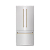 ZLINE Autograph Edition 36 in. 19.6 cu. ft. French Door Built-In Bottom Freezer Refrigerator with Water Dispenser and Ice Maker in Satin Stainless Steel with Stainless Steel Interior and Polished Gold Accents (SRBIVZ-SN-36-G)