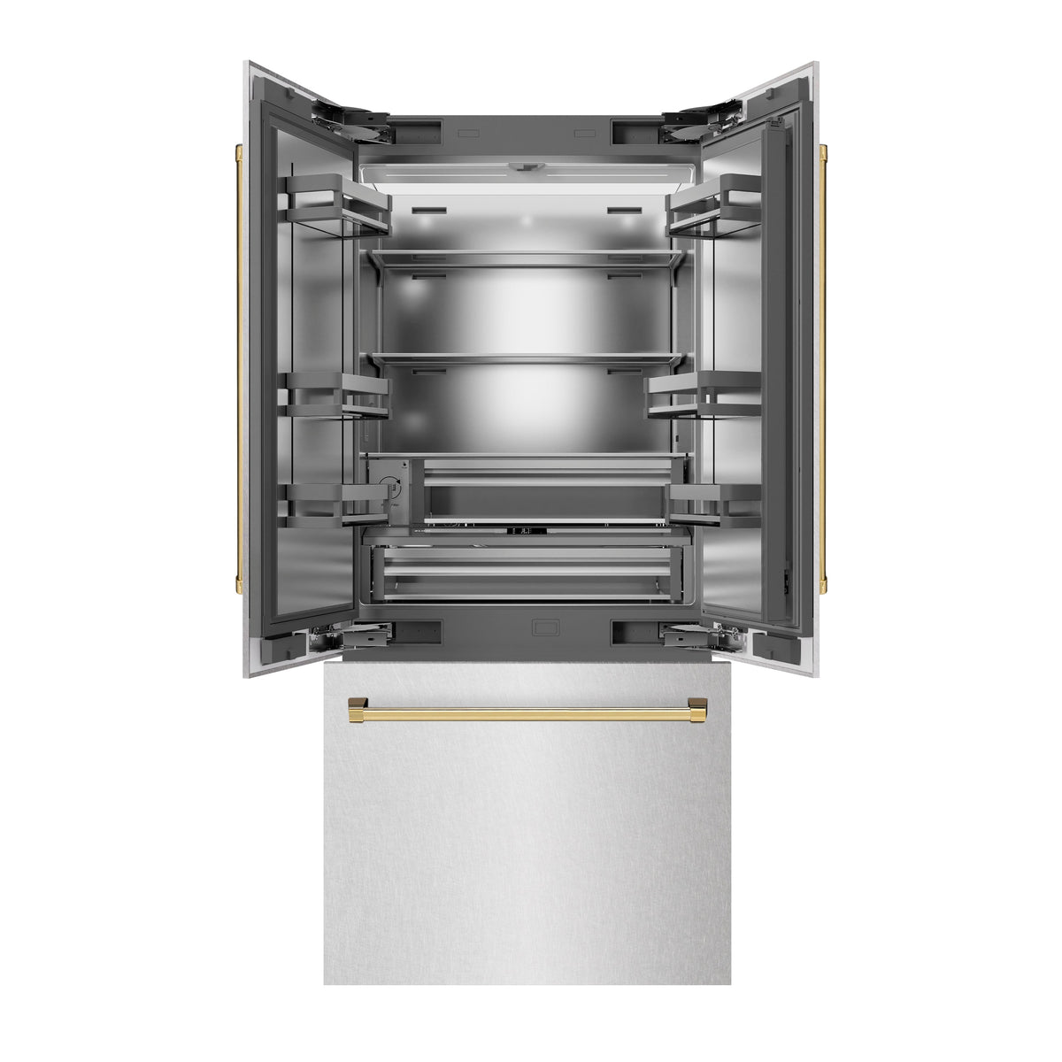 ZLINE Autograph Edition 36 in. 19.6 cu. ft. French Door Built-In Bottom Freezer Refrigerator with Water Dispenser and Ice Maker in Satin Stainless Steel with Stainless Steel Interior and Polished Gold Accents (SRBIVZ-SN-36-G)