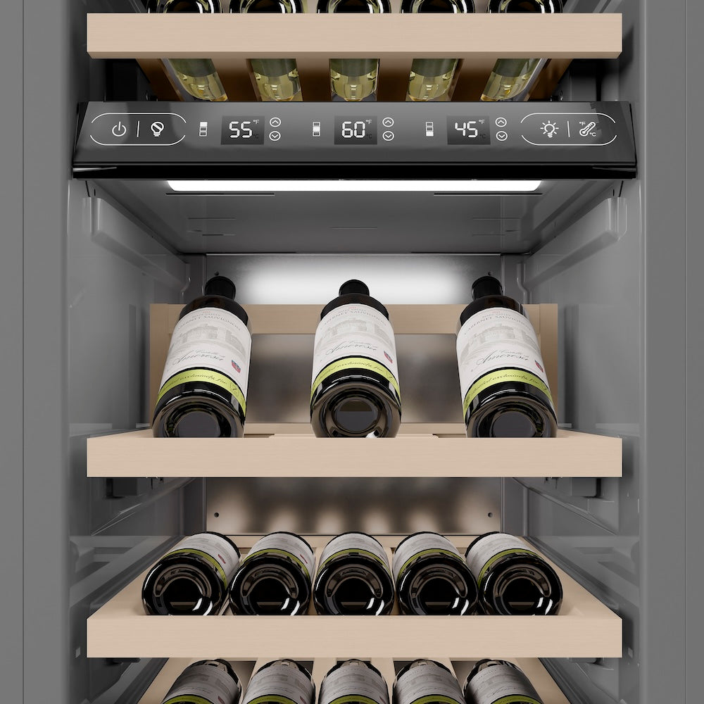 ZLINE Autograph Edition 18 in. 9.0 cu. ft. Triple Zone 68 Bottle Panel Ready Left Hinge Column Wine Cooler with Champagne Bronze Accents (RBCWVLZ-18-CB)