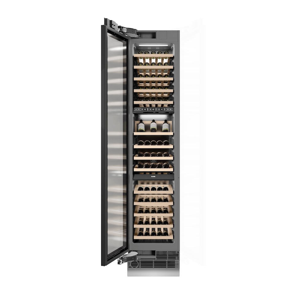 ZLINE Autograph Edition 18 in. 9.0 cu. ft. Triple Zone 68 Bottle Panel Ready Left Hinge Column Wine Cooler with Polished Gold Accents (RBCWVLZ-18-G)