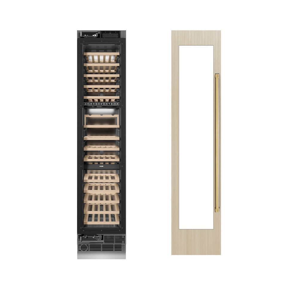 ZLINE Autograph Edition 18 in. 9.0 cu. ft. Triple Zone 68 Bottle Panel Ready Left Hinge Column Wine Cooler with Polished Gold Accents (RBCWVLZ-18-G)