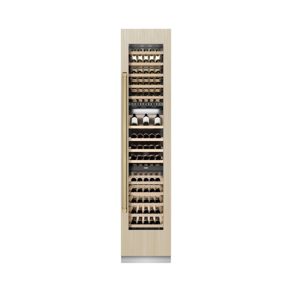 ZLINE Autograph Edition 18 in. 9.0 cu. ft. Triple Zone 68 Bottle Panel Ready Right Hinge Column Wine Cooler with Champagne Bronze Accents (RBCWVRZ-18-CB)