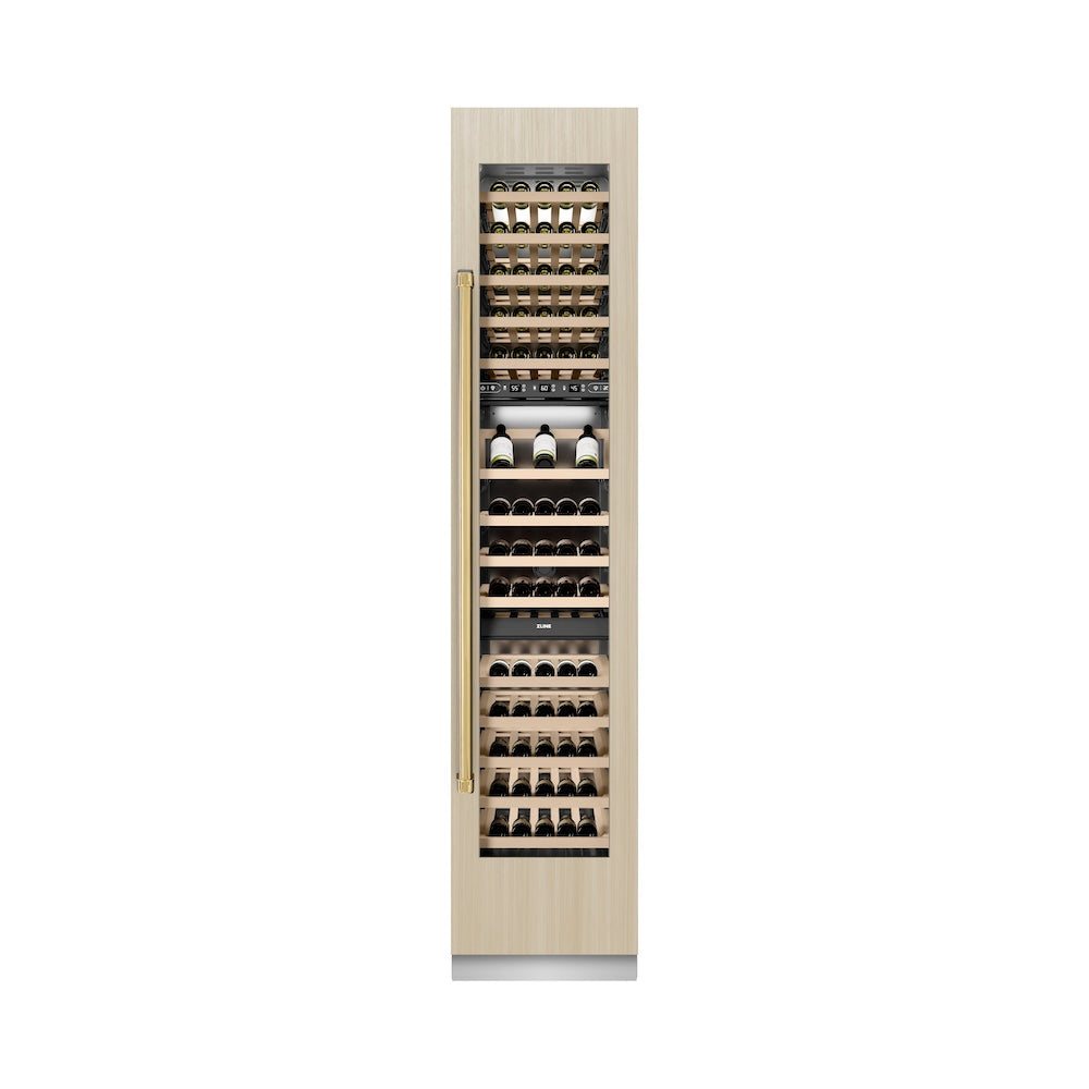 ZLINE Autograph Edition 18 in. 9.0 cu. ft. Triple Zone 68 Bottle Panel Ready Right Hinge Column Wine Cooler with Polished Gold Accents (RBCWVRZ-18-G)