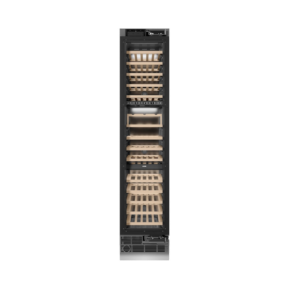 ZLINE Autograph Edition 18 in. 9.0 cu. ft. Triple Zone 68 Bottle Panel Ready Right Hinge Column Wine Cooler with Matte Black Accents (RBCWVRZ-18-MB)